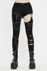 Black Punk Asymmetrical Spliced Broken Hole With Chains Womens Pants